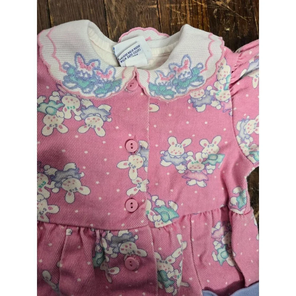 Vintage Oshkosh Pink Cotton Denim Bunny Print Romper 3-6 Months
